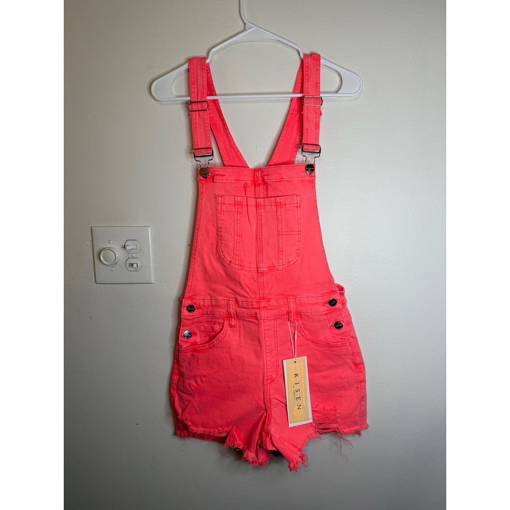 Risen Neon Coral Distressed Shortalls Size S NWT